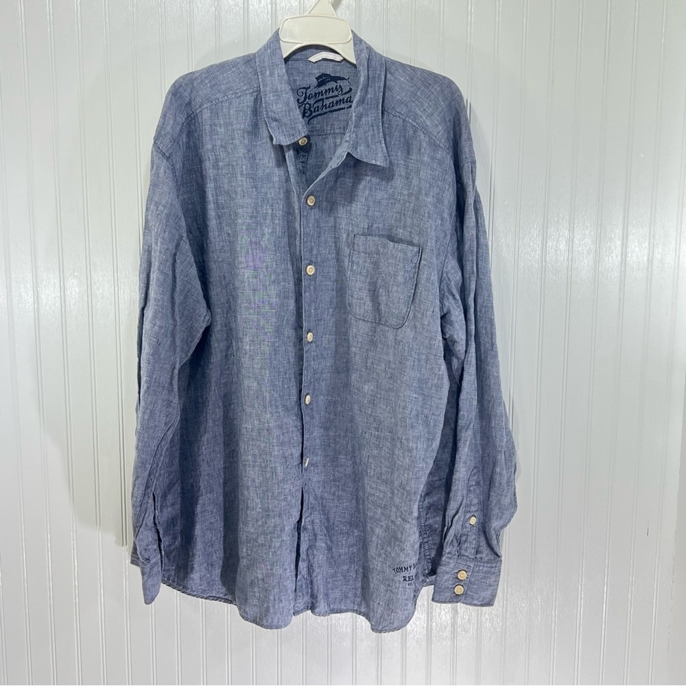 Tommy Bahama Blue 100% Linen Button Down Shirt XXL Vacation Resort Wear